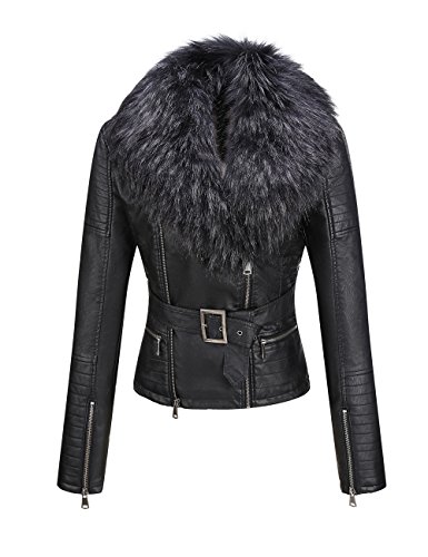 BELLIVERA Chaqueta de Cuero Sintético Para Mujer Abrigo Corto con Cinturón de Motocicleta Cálido de Invierno con Cuello de piel Desmontable 9203 Negro XL