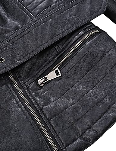 BELLIVERA Chaqueta de Cuero Sintético Para Mujer Abrigo Corto con Cinturón de Motocicleta Cálido de Invierno con Cuello de piel Desmontable 9203 Negro XL