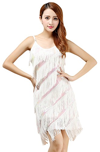 BellyQueen Vestido Latino Mujer para Danza Clásica Salsa Tango con Lentejuelas y Flecos - Talla Única - Blanco