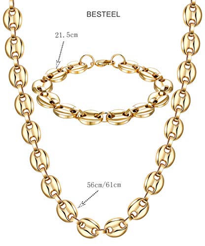 Besteel 11mm Conjunto De Collar Y Pulsera De Acero Inoxidable para Hombre Granos de Cafe Collar de Cadena del Encintado Caballero Punk Largo Collar 56-61cm Pulsera De 21,5cm