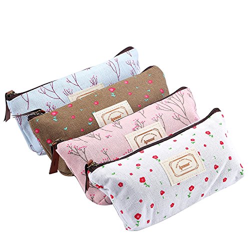 BIGBOBA 4pcs Pencil Case Cute Floral Lienzo lápiz Bolsa Oficina en casa Escuela papelería para Estudiantes