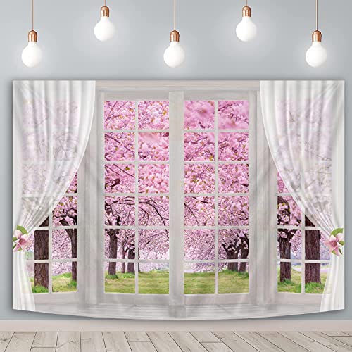 BINQOO Fondo de ventana de flores de cerezo de 7 x 5 pies, flor de cerezo rosa, sesión de fotos de primavera, jardín, baby shower, fiesta de fondo para niñas, niños, mujeres, suministros de