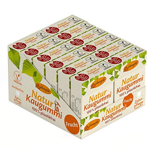 Birkengold | 100% chicle natural | fruta | xilitol | Sin plástico | higiene dental | sin azúcar | sin aspartamo | vegano | 12 pza.