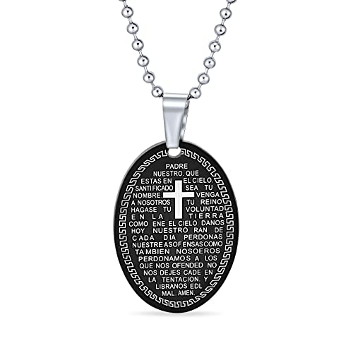 Bling Jewelry Protección Personalizada de Grabado Religioso El Padre Maestro Nuestra Oración Colgante Ovalado Collar para Hombres Negro Plata Acero Inoxidable