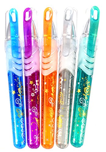 Brandsseller 5 bolígrafos de gel con purpurina, diseño de princesa de hielo con plantilla.