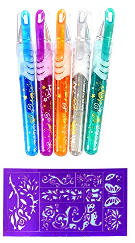 Brandsseller 5 bolígrafos de gel con purpurina, diseño de princesa de hielo con plantilla.