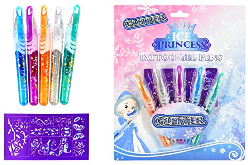 Brandsseller 5 bolígrafos de gel con purpurina, diseño de princesa de hielo con plantilla.