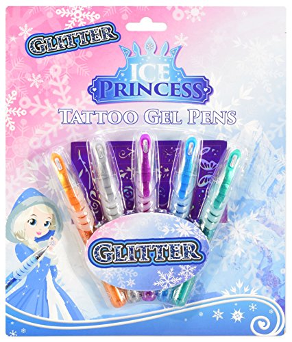 Brandsseller 5 bolígrafos de gel con purpurina, diseño de princesa de hielo con plantilla.