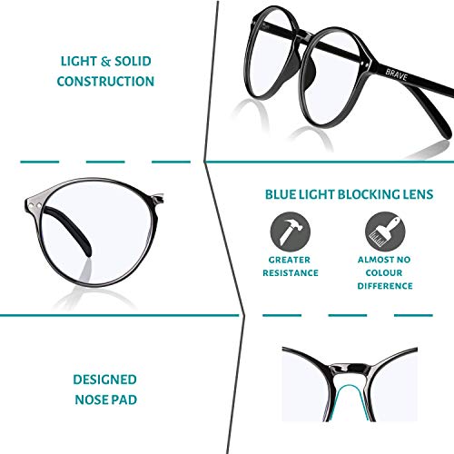 Brave Gafas Ordenador (Gafas Luz Azul) con Filtro de Luz Azul; Protección Durante Gaming, Trabajo; Gafas Redondas Anti-reflejantes, para Hombre y Mujer… (Negro)