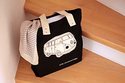 BRISA VW Collection - Volkswagen Furgoneta Hippie Bus T1 Van Bolsa de Playa Vintage de Canvas (Algodón), Bolso de mano, Bolsa de hombro, Tote bag, Shopper bag para Compras (Negro/Beige)