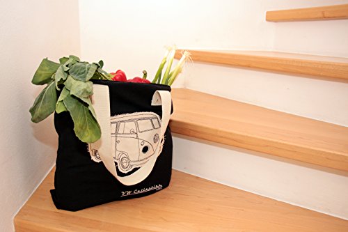 BRISA VW Collection - Volkswagen Furgoneta Hippie Bus T1 Van Bolsa de Playa Vintage de Canvas (Algodón), Bolso de mano, Bolsa de hombro, Tote bag, Shopper bag para Compras (Negro/Beige)