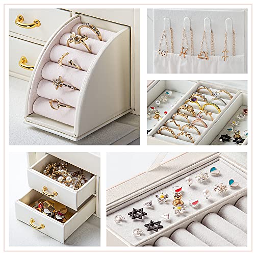 Caja Joyero Caja para Joyas Organizador de Joyas de 3 Capas Caja de Joyas con Espejo y Cerradura Portátil Joyero de Viaje para Anillos, Collares, Caja de Regalo para Mujer(Blanco-K)