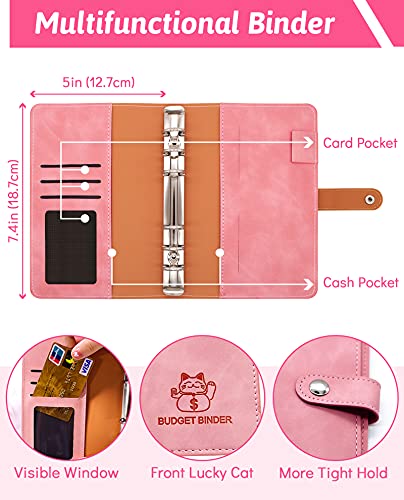 Carpeta de presupuesto con sobres de cremallera, Carpeta de presupuesto A6 con sobres de efectivo para el presupuesto, Organizador de carpeta de dinero, Carpeta de presupuesto con divisores (rosa)
