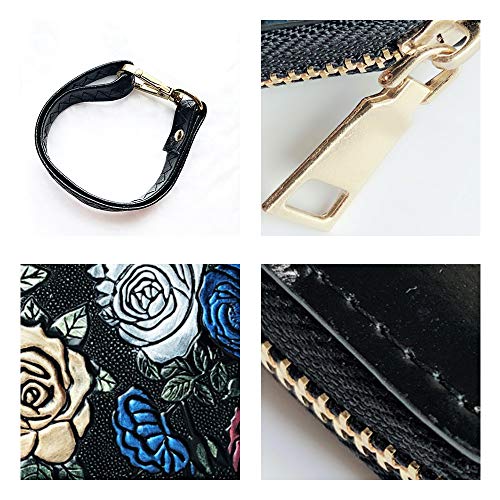 Cartera de Mujer de Gran Capacidad de Cuero de Mujer,diseño Vintage Monedero con Motivo de Flores étnicas y floración,Minimalista con Bolsillo de Cremallera para Monedas,Rosa
