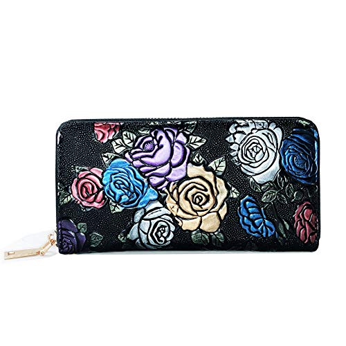 Cartera de Mujer de Gran Capacidad de Cuero de Mujer,diseño Vintage Monedero con Motivo de Flores étnicas y floración,Minimalista con Bolsillo de Cremallera para Monedas,Rosa