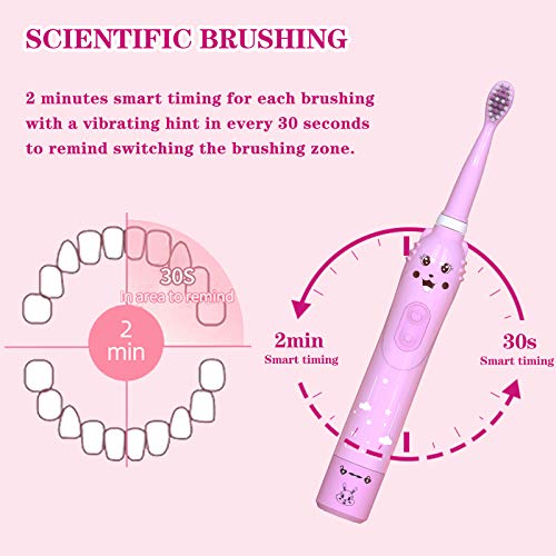 Cepillo de dientes eléctrico sónico para niños, cepillo de dientes sónico para niños y niñas de 3 a 12 años con recordatorio de 30 s, temporizador de 2 minutos, 6 modos, 4 cabezales de cepillo
