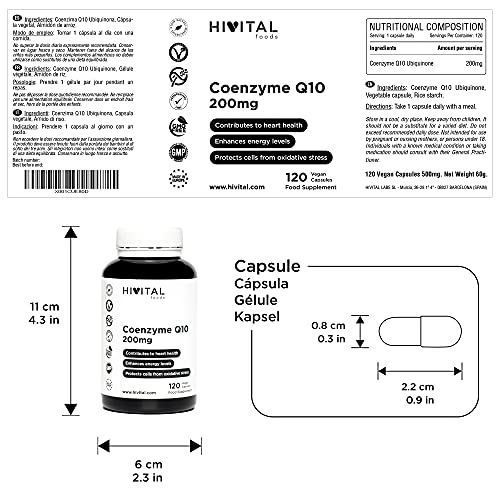 Coenzima Q10 200 mg. 120 cápsulas veganas para 4 meses. CoQ10 Ubiquinona 100% Natural obtenida por fermentación. Antioxidante natural para mejorar la salud cardiovascular y aumentar la energía