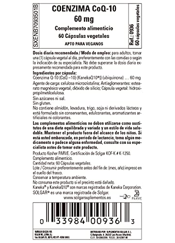 Coenzima Q10 60 mg 60 Cápsulas Veganas de CoQ10 de Alta Potencia - Suministro para 2 Meses - Producto Elaborado en el Estado Unido por Solgar