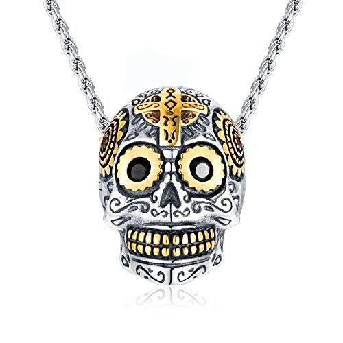 Collar de calavera, colgante de esqueleto para hombre con cadena ajustable de 55+5 cm, plata de ley 925, chapado en oro de 18 quilates, regalo gótico punk para hombres y mujeres