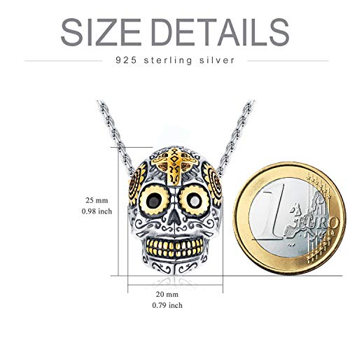 Collar de calavera, colgante de esqueleto para hombre con cadena ajustable de 55+5 cm, plata de ley 925, chapado en oro de 18 quilates, regalo gótico punk para hombres y mujeres