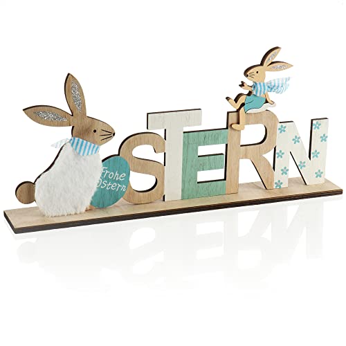 com-four® Expositor Decorativo para Pascua - Letras con conejitos de Pascua - Bonito Adorno de Pascua para Colocar - Decoración de Pascua de Madera (1 Pieza - Azul)