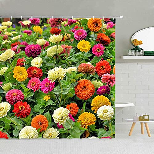 Cortina de Ducha de Hoja Verde de Flores de Colores, Zinnia Aster Primavera Flor Paisaje baño Cortina Impermeable con Gancho S.19 180x180cm