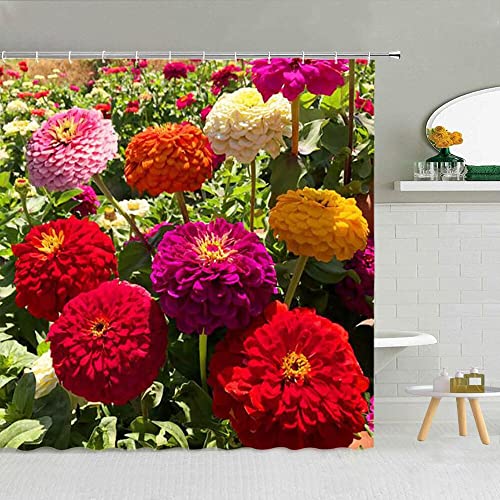 Cortina de Ducha de Hoja Verde de Flores de Colores, Zinnia Aster Primavera Flor Paisaje baño Cortina Impermeable con Gancho S.19 180x180cm