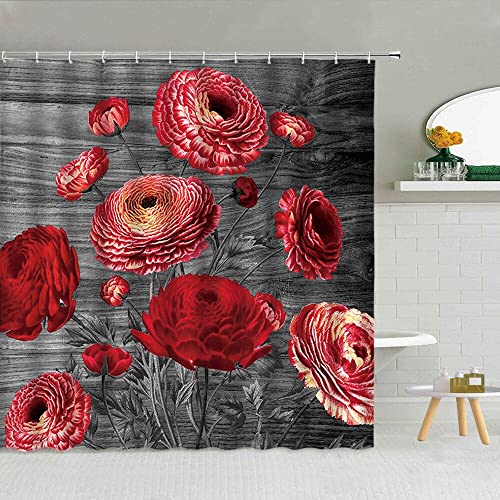 Cortina de Ducha de Hoja Verde de Flores de Colores, Zinnia Aster Primavera Flor Paisaje baño Cortina Impermeable con Gancho S.19 180x180cm