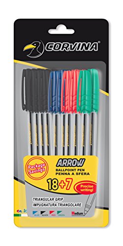 Corvina Arrow - Blister 25 boligrafos, color negro, azul, rojo, verde