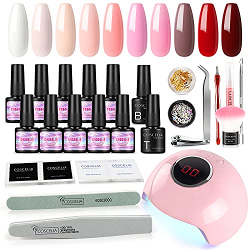 COSCELIA Kit Semipermanentes Uñas Kit Manicura y Pedicura Semipermanente Esmalte en Gel de 10 Colores 24W LED/U-V Lampra Base Coat y Top Coat Herramientas para Decoracion de Uñas