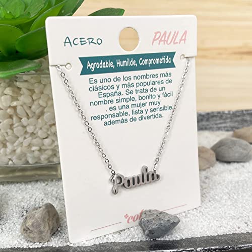 Cotigo Collar Nombre Acero-Incluye Tarjeta con Significado Hermoso -Colgante Nombre Plateado o Dorado-Regalos Personalizados para Mujer-Cumpleaño-Navidad-Día de madre-San valentín (Paula-Plateado)