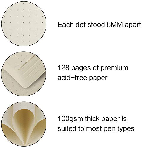 Cuaderno de puntos, diario con papel premium de 100 g/m², con soporte para bolígrafo, piel negra, 3 marcadores de cinta, bolsillo interior, 13,3 x 21 cm