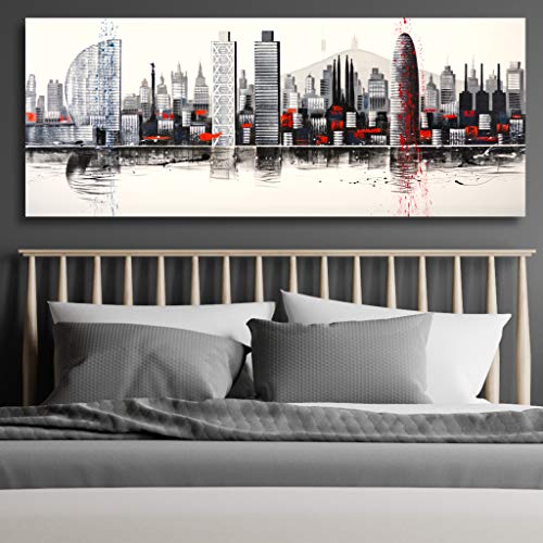 Cuadroexpres - Cuadro Pintado Ciudad de Barcelona Abstracto 150x60 cm Hotel Vela, Colón, Hotel Arts, Torre Mapfre, Sagrada Familia, Tibidabo, Torre Agbar, 100% Original, sobre Lienzo.