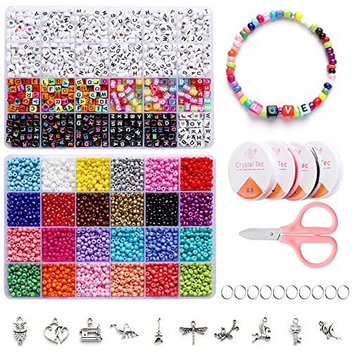 Cuentas de Colores letras Pulseras，Cuentas de Colores para Hacer Collares Pulseras,3800pc Cuentas de Colores Mini Cuentas y 1200pc Abalorios Letras Kit Bisutería para Regalo DIY 5000 Piezas (A)