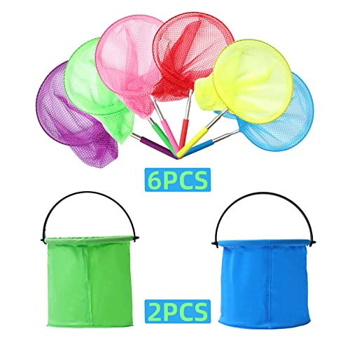 DAOUZL Red de Mariposas Ninos, Red Pesca Niños, 6 Redes de Mariposa Telescópicas con 2 Cubos Plegables, para Insectos Mariposa, Pequeñas Capturas de Pesca, Actividades de Jardín al Aire Libre (Color)