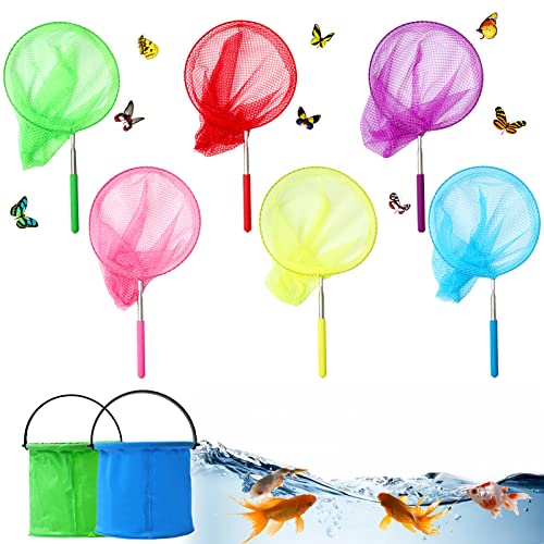 DAOUZL Red de Mariposas Ninos, Red Pesca Niños, 6 Redes de Mariposa Telescópicas con 2 Cubos Plegables, para Insectos Mariposa, Pequeñas Capturas de Pesca, Actividades de Jardín al Aire Libre (Color)