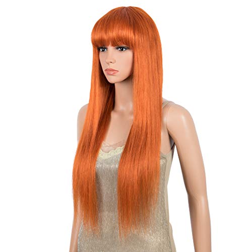 DÉBUT Pelucas de cabello humano para mujeres negras Pelucas rectas con flequillo 10A Cabello brasileño virgen remy sin procesar 150% Densidad(70 cm, S NARANJA)