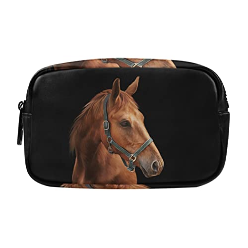 Dibujo de caballo rojo retrato sobre fondo negro dos cremallera mujeres bolsa de maquillaje bolsa de almacenamiento cosmética bolsa portátil monedero, bolsa grande organizador titular para damas niñas