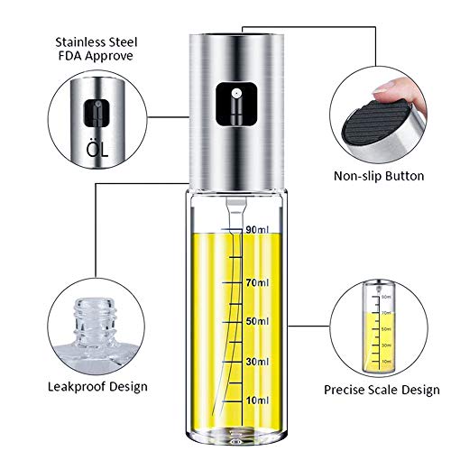 DONGQI Dispensador de pulverizador de Aceite, Rociador de Aceite, rociador de vinagre, Premium 304 Acero Inoxidable Botella de Vidrio 100 ML para cocinar/Ensalada/Hornear Pan/BBQ/Cocina (2Paquete)