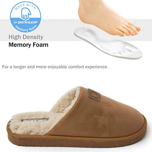 Dunlop Zapatillas Casa Hombre, Memory Foam Pantuflas Peluche Abiertas, Zapatillas De Estar En Casa Invierno Calientes Suela de Goma Dura Interior Exterior, Regalos para Hombre (42 EU, Marrón)