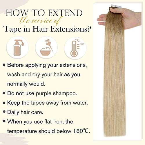 Easyouth Extensiones Adhesivas de Remy Pelo Natural Tape in Hair Extensione Color Castaño medio Mix Honey Blonde y Platinum Blonde 20pcs 16Pulgada 40g Tape in Real Human Hair Extensions