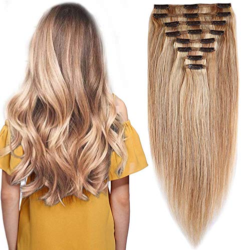 Elailite Extensiones de Clip de Pelo Natural Balayage 100% Remy Cabello Humano 8 Piezas Gruesas Doble Volumen 25cm (110g) #18P613 Ash Rubio/Rubio Muy Claro