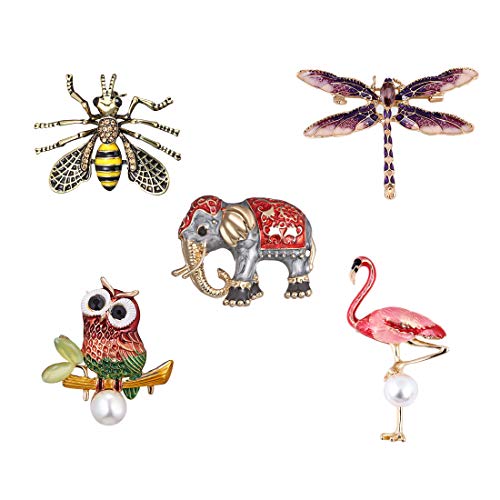 EQLEF Pin Broche Mujer, Broche Retro de búho / Elefante / libélula / Flamenco / Abeja Mujeres y Hombres Broches para Bufanda y Sombrero de Tela (Paquete de 5)