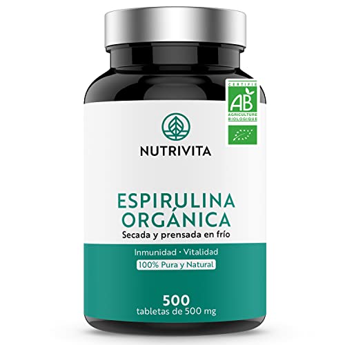 Espirulina Ecológica Pura | 500 Comprimidos de 500 mg | Rico en Proteínas, Ficocianina, Minerales y Vitaminas | Detox, Energía, Vitalidad | 100% Vegano | Nutrivita