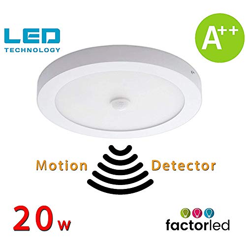 FactorLED Plafón LED Techo con Sensor de Movimiento Circular 20W, Panel Superficie Redondo con Detector de Presencia, OSRAM chip, 22’5cm Ø, NO Flick, Lámpara Luz Natural 4000K