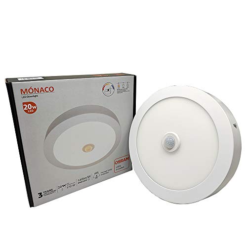 FactorLED Plafón LED Techo con Sensor de Movimiento Circular 20W, Panel Superficie Redondo con Detector de Presencia, OSRAM chip, 22’5cm Ø, NO Flick, Lámpara Luz Natural 4000K