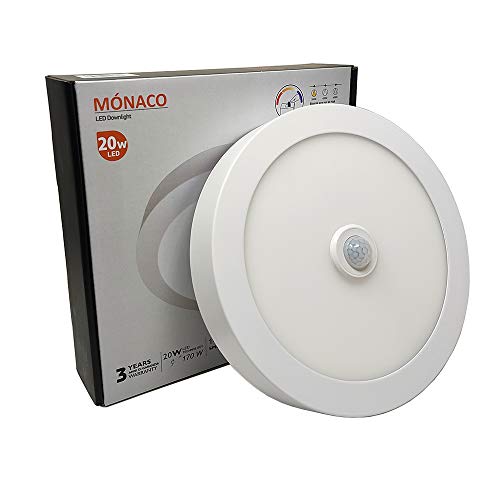 FactorLED Plafón LED Techo con Sensor de Movimiento Circular 20W, Panel Superficie Redondo con Detector de Presencia, OSRAM chip, 22’5cm Ø, NO Flick, Lámpara Luz Natural 4000K