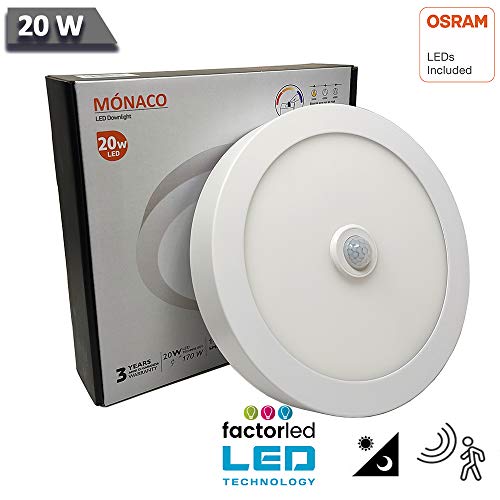 FactorLED Plafón LED Techo con Sensor de Movimiento Circular 20W, Panel Superficie Redondo con Detector de Presencia, OSRAM chip, 22’5cm Ø, NO Flick, Lámpara Luz Natural 4000K