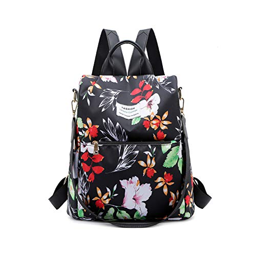 FANDARE Bolsos Mochila Mujer Bolsa de Hombro Antirrobo Bolso Mochilas Tipo Casual Niña Bolsas Escolares Adolescente Daypacks para Outdoor Viaje 3 in 1 School Bag Impermeable Nylon Flores Negras