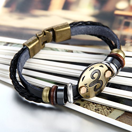 Flongo Pulseras del horóscopo Zodiaco, Retro Vintage Brazalete de Hombre Mujer, Simbolo de Estrellas para Buena Suerte, Buen Regalo de la Amistad, Aries